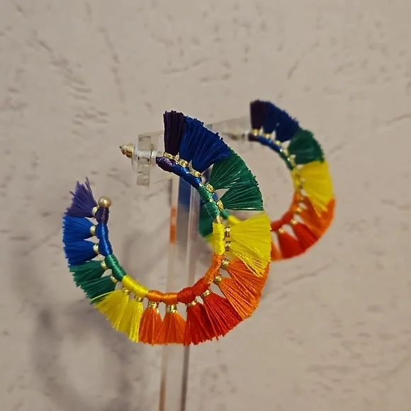 Rainbow fringe tassel hoop pierced earrings boho festival primary colors NIP - Picture 2 of 5